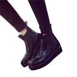 Woman Rainboots Med Heel Platform Mixed Color Slip on Shoes Woman Mid-calf Fashion Rubber Waterproof Thick Heel Boots XWX3872
