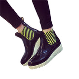 Woman Rainboots Med Heel Platform Mixed Color Slip on Shoes Woman Mid-calf Fashion Rubber Waterproof Thick Heel Boots XWX3872