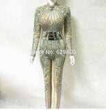 Fashion Bright Crystals Diamonds Jumpsuit Party Rompers Costumes Female Singer Performance Prom Celebrate Outfit Bodysuit