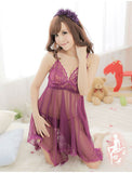 GZDL Sexy Women's Female Halter Lace Patchwork Solid Underwear Chemise Lingeries Set Ladies Sleepwear Dress Black Purple 4002
