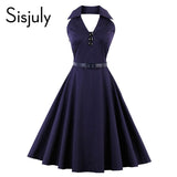 Sisjuly summer vintage dress sleeveless belt purple dress a-line backless 1950s button female elegant sexy vintage women dresses