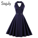 Sisjuly summer vintage dress sleeveless belt purple dress a-line backless 1950s button female elegant sexy vintage women dresses