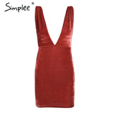 Simplee Sexy deep V neck velvet dress women Casual backless slim bodycon dress Autumn winter elegant party dress vestidos 2017