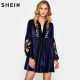 SHEIN Tasseled Tie Bishop Sleeve Embroidery Velvet Dress Navy Long Sleeve V Neck A Line Dress Fall Women Dresses