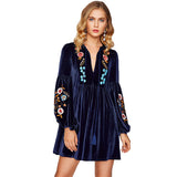 SHEIN Tasseled Tie Bishop Sleeve Embroidery Velvet Dress Navy Long Sleeve V Neck A Line Dress Fall Women Dresses