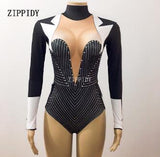 Sexy Black Stage Bodysuit Teacher Tuxedo Costume Bling Rhinestones Leotard Outfit Party Celebrate Wear Singer Performance