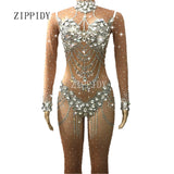 Sparkly Crystals Nude Jumpsuit Stretch Stones Outfit Celebrate Bright Rhinestones Bodysuit Costume Female Singer Birthday Dress