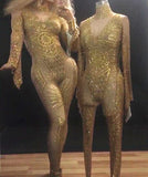 Fashion Gold Rhinestones Nude Jumpsuit Sexy Nice Bodysuis Full Crystals Stage Wear Costume Prom Birthday Celebrate Outfit