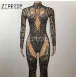 Sexy Black Nude Rhinestone Jumpsuit Sexy Nightclub Bar Wear Stones Bodysuit Leggings Prom Celebrate Outfit Performance Dress
