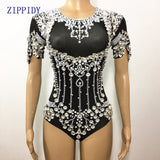 Black Shining Crystals Bodysuit Diamonds Sparkly Headpiece Outfit Sexy Stage Outfit Women Costume Birthday Celebrate Dance  Wear