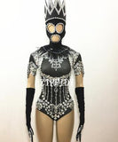 Black Shining Crystals Bodysuit Diamonds Sparkly Headpiece Outfit Sexy Stage Outfit Women Costume Birthday Celebrate Dance  Wear