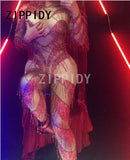 Halloween Scars Bleed Design Jumpsuit Red Bling Rhinestone Tassel Rompers Costume DJ Singer Prom Celebrate Outfit Skinny Costume