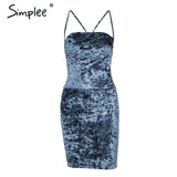 Simplee Strap backless velvet mini dress women Sexy lace up skinny bodycon dress female christmas Slim autumn dress robe vestido