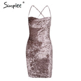Simplee Strap backless velvet mini dress women Sexy lace up skinny bodycon dress female christmas Slim autumn dress robe vestido