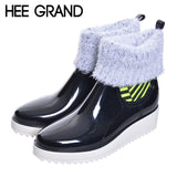 Woman Rainboots Med Heel Platform Mixed Color Slip on Shoes Woman Mid-calf Fashion Rubber Waterproof Thick Heel Boots XWX3872