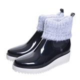 Woman Rainboots Med Heel Platform Mixed Color Slip on Shoes Woman Mid-calf Fashion Rubber Waterproof Thick Heel Boots XWX3872