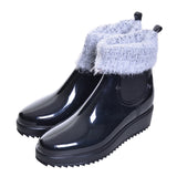 Woman Rainboots Med Heel Platform Mixed Color Slip on Shoes Woman Mid-calf Fashion Rubber Waterproof Thick Heel Boots XWX3872