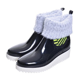 Woman Rainboots Med Heel Platform Mixed Color Slip on Shoes Woman Mid-calf Fashion Rubber Waterproof Thick Heel Boots XWX3872