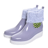 Woman Rainboots Med Heel Platform Mixed Color Slip on Shoes Woman Mid-calf Fashion Rubber Waterproof Thick Heel Boots XWX3872