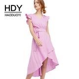 HDY Haoduoyi Brand 2017 Women Light Purple Elegant Dresses Lace Up Waist Butterfly Sleeve Female Casual Sweet Vestidos