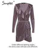 Simplee Ruffle vintage velvet dress women V neck short sexy dress Autumn winter long sleeve blue wrap dress vestido de festa