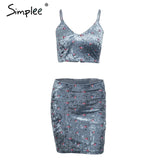 Simplee Casual floral strap velvet autumn dress women Sexy backless v neck crop top mini dress winter two piece dress female