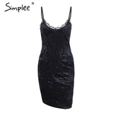Simplee Strap sexy velvet dress women Lace v neck casual mini dress female  Christmas black short dress party spring vestidos