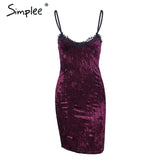 Simplee Strap sexy velvet dress women Lace v neck casual mini dress female  Christmas black short dress party spring vestidos