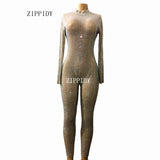 Sparkly Full AB Stones Mesh Jumpsuit Prom Luxury Bodysuit Outfit Party Celebrate Glisten Leggings Costume Perspetive Rompers