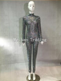 Sparkly Full AB Stones Mesh Jumpsuit Prom Luxury Bodysuit Outfit Party Celebrate Glisten Leggings Costume Perspetive Rompers