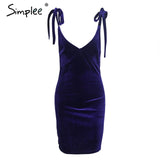 Simplee Strap tie up velvet dress women V neck casual short winter dress female Wine red mini dresses Christmas robe femme
