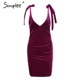 Simplee Strap tie up velvet dress women V neck casual short winter dress female Wine red mini dresses Christmas robe femme