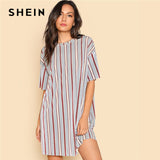 SHEIN Vertical Striped Short Velvet Dress Round Neck Short Sleeve Clothing Women Weekend Casual Dress 2018 Spring Loose Dress