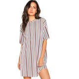 SHEIN Vertical Striped Short Velvet Dress Round Neck Short Sleeve Clothing Women Weekend Casual Dress 2018 Spring Loose Dress