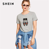 SHEIN Lovely Shoes Pearls Beading Applique T-shirt Grey Round Neck Short Sleeve Women Bow Tee 2018 Summer Casual Top Tee