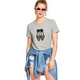 SHEIN Lovely Shoes Pearls Beading Applique T-shirt Grey Round Neck Short Sleeve Women Bow Tee 2018 Summer Casual Top Tee