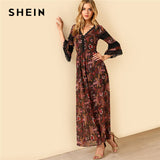 SHEIN Ruffle Lace Flare Sleeve Maxi Dress Women Flora Print V Neck 3/4 Sleeve High Waist Tribal Dress 2018 Going Out Dress
