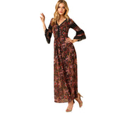 SHEIN Ruffle Lace Flare Sleeve Maxi Dress Women Flora Print V Neck 3/4 Sleeve High Waist Tribal Dress 2018 Going Out Dress