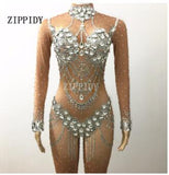 Sparkly Crystals Jumpsuit Costume Bling Big Stones Rompers Women Outfit Diamonds Bodysuit Party Celebrate Occasion Wear