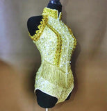Summer Gold Rhinestones Tassel Bodysuit Celebrate Party Outfit Dance Wear Party Costume Singer Clubwear Dance One-piece Clothes