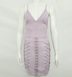 CWLSP Backless Women Summer Party dresses Purple Lace Up V neck Strap Suede dress 2018 Sexy Slim vestidos robe femme QL3681