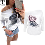 2018 New Arrivals Floral Shoes Print Oblique Collar White Pink Gray Casual Tops Tees Women Tops Vogue T Shirt Women