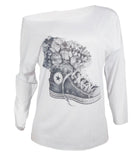 2018 New Arrivals Floral Shoes Print Oblique Collar White Pink Gray Casual Tops Tees Women Tops Vogue T Shirt Women