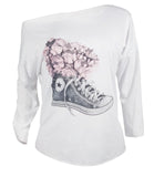 2018 New Arrivals Floral Shoes Print Oblique Collar White Pink Gray Casual Tops Tees Women Tops Vogue T Shirt Women
