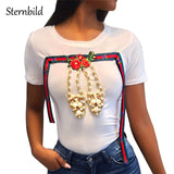 STERNBILD Brand 2017 Summer New Pearl shoes T-shirt Women European Fashion Diamonds Short Sleeve T shirt Slim Embroidery Tees