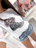Women Loose Long Sleeve Tops Shirt 2018 Hot Design Shoes Printed  Casual Cotton Off Shoulder T-Shirt Blusas Femininas
