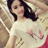 New Summer Korean versison short-sleeved T-shirt women's clothes high-heeled shoe girl flower printings large size T-shirt