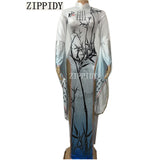 Chinese Bamboo Pattern Printed Sexy Long dress Stretch Outfit Bar Dancer Show Nigthclub DJ Singer Prom Celebrate Stage Wear