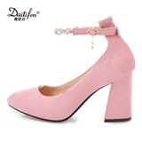 Daitifent 2018 Stylish Chain Ladies Fancy High Heel Shoes Black Grey Pink Flock Women's High Pumps Pointed Toe Lady Dress Shoes
