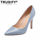 TRUSIFY 2018 Ohkite Lady Fancy Dress Pump Women Spring Summer Genuine Patent Leather Point Toe Thin High Heels Shoes Office 9cm